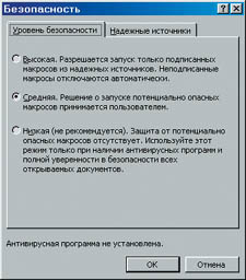 Рис. 2. Уровни «безопасности» Word 2000.