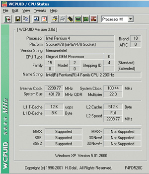 Информация о Pentium 4 Northwood 2,2 ГГц по программе WCPUid.