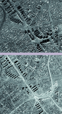 На фотоснимках, представленных компанией Space Imaging, показан район Центральной площади Грозного в первоначальном виде и после боев.