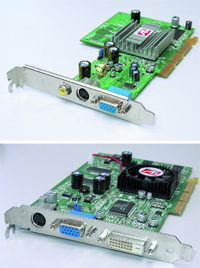 Low-end без прикрас: Radeon 9200 и 9100 (Sapphire Atlantis). У первого разъема DVI нет вовсе, у второго — только упрощенный DVI-D. 