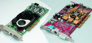 Топ-модели: GeForce FX 5900 Ultra (референс-карта NVIDIA с 256 Мбайт памяти) и одна из первых серийная Radeon 9800 Pro от Gigabyte (GV-R98P128D).