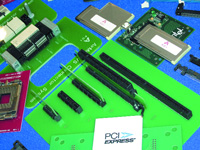 Рис. 4. Разъемы PCI Express. Слева направо и снизу вверх: x1, x4, x8, x16 и x32. Вверху - ExpressCard двух размеров.
