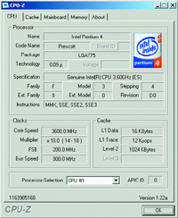 Prescott 3,60 ГГц степпинга D0 на плате Intel D925XCV, по информации в программе CPU-Z. Разъем LGA775. 