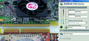 Разъемы PCI Express x16 и AGP в одном масштабе (слева). Частота ядра и памяти референс-карты ATI X600XT (справа).
