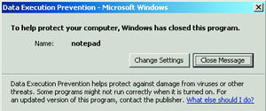 Рис. 5. DEP обнаружил попытку Win32.Jess.a сработать.